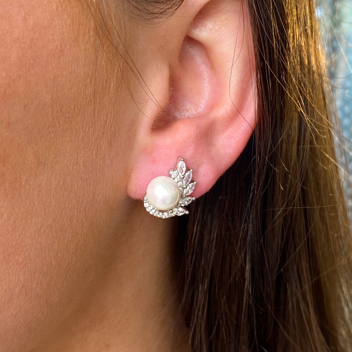 Silver Marquise CZ Freshwater Pearl Stud Earrings - John Ross Jewellers