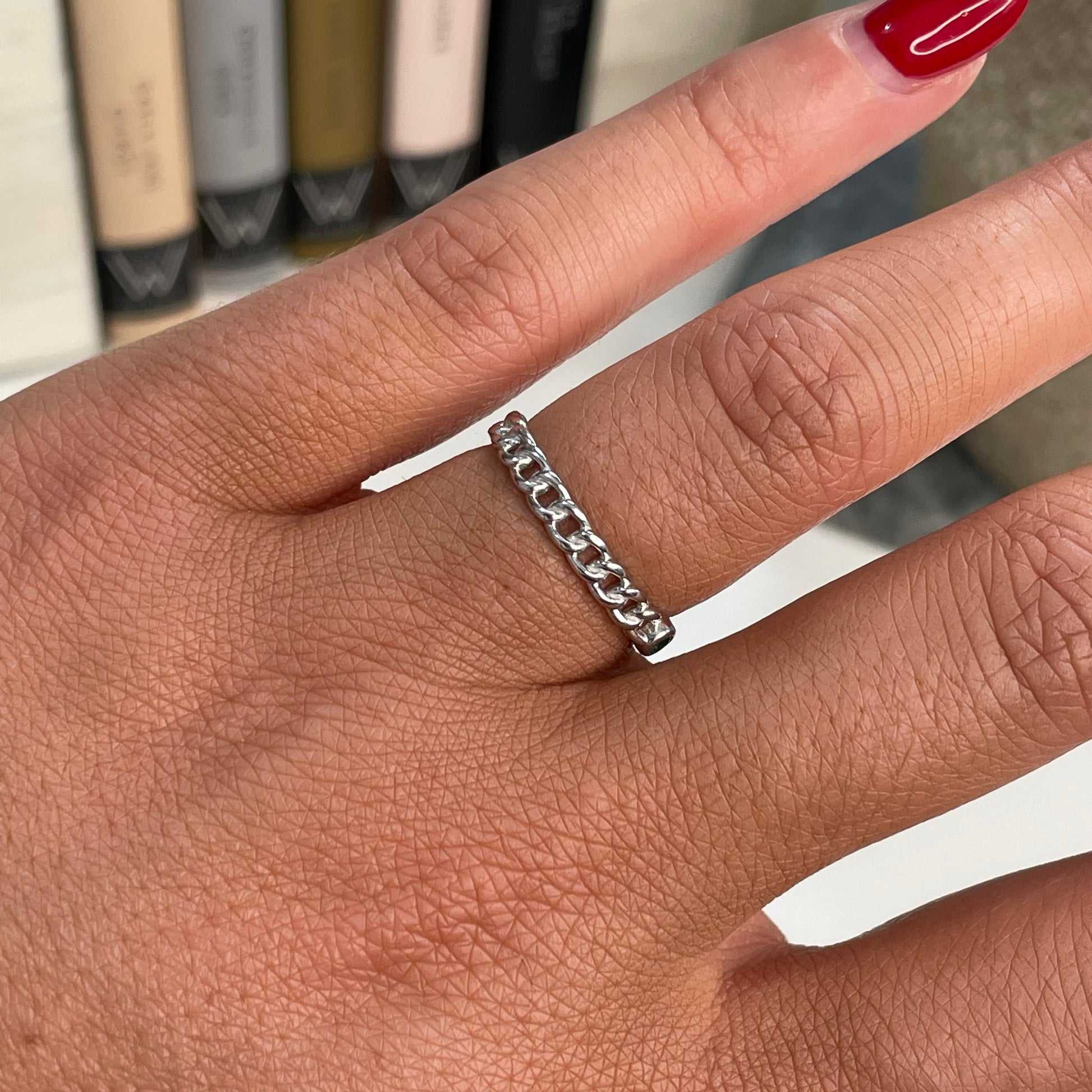 Silver Minimal Green CZ Chain Ring - John Ross Jewellers