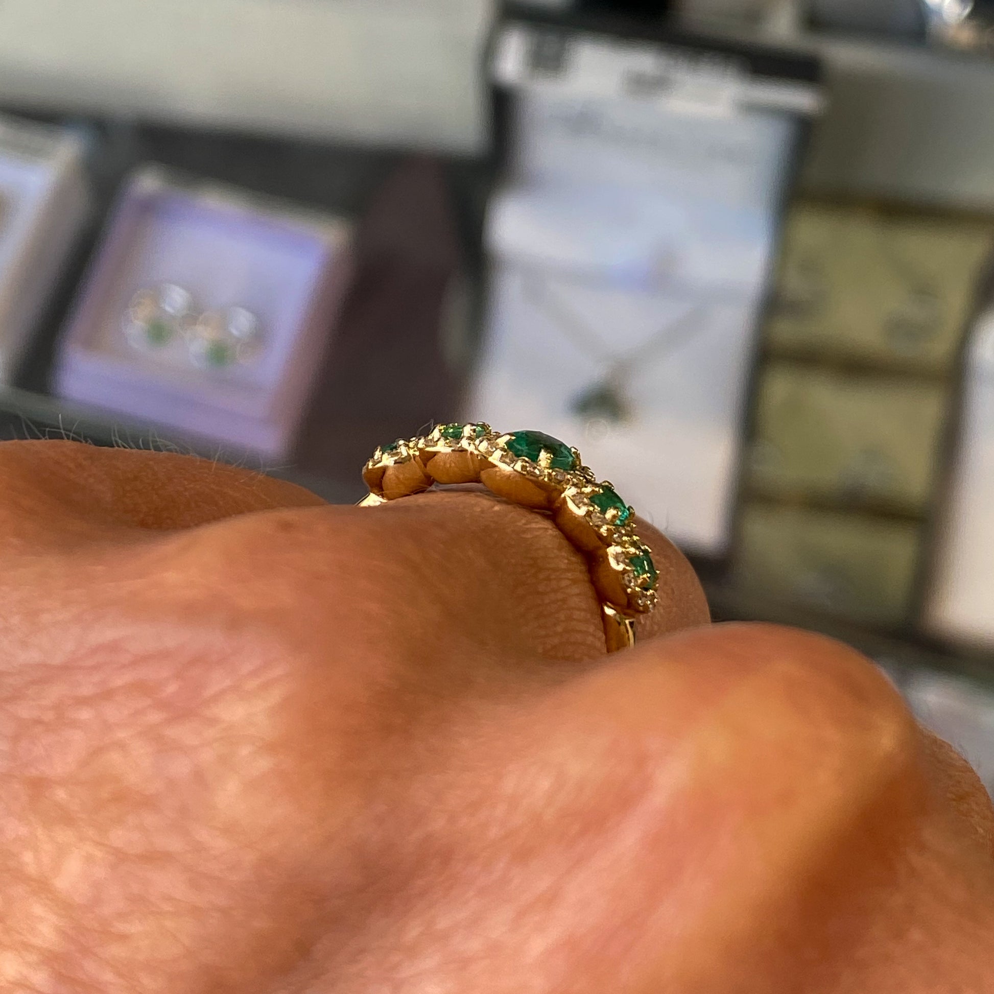 18ct Gold Emerald & Diamond Garland Ring - John Ross Jewellers