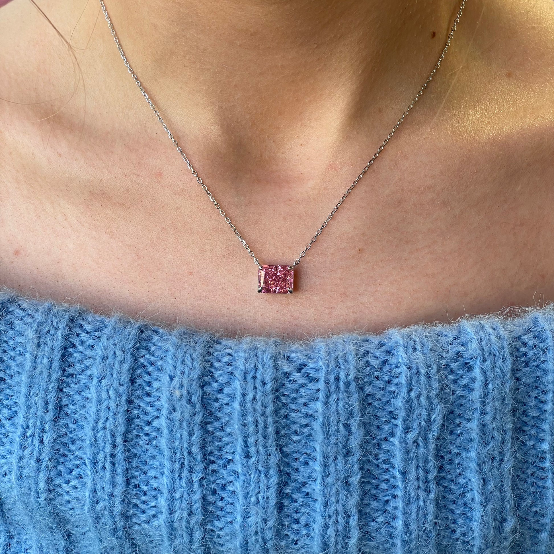 Silver Side To Side CZ Necklace | Vivid Pink 40+5cm - John Ross Jewellers