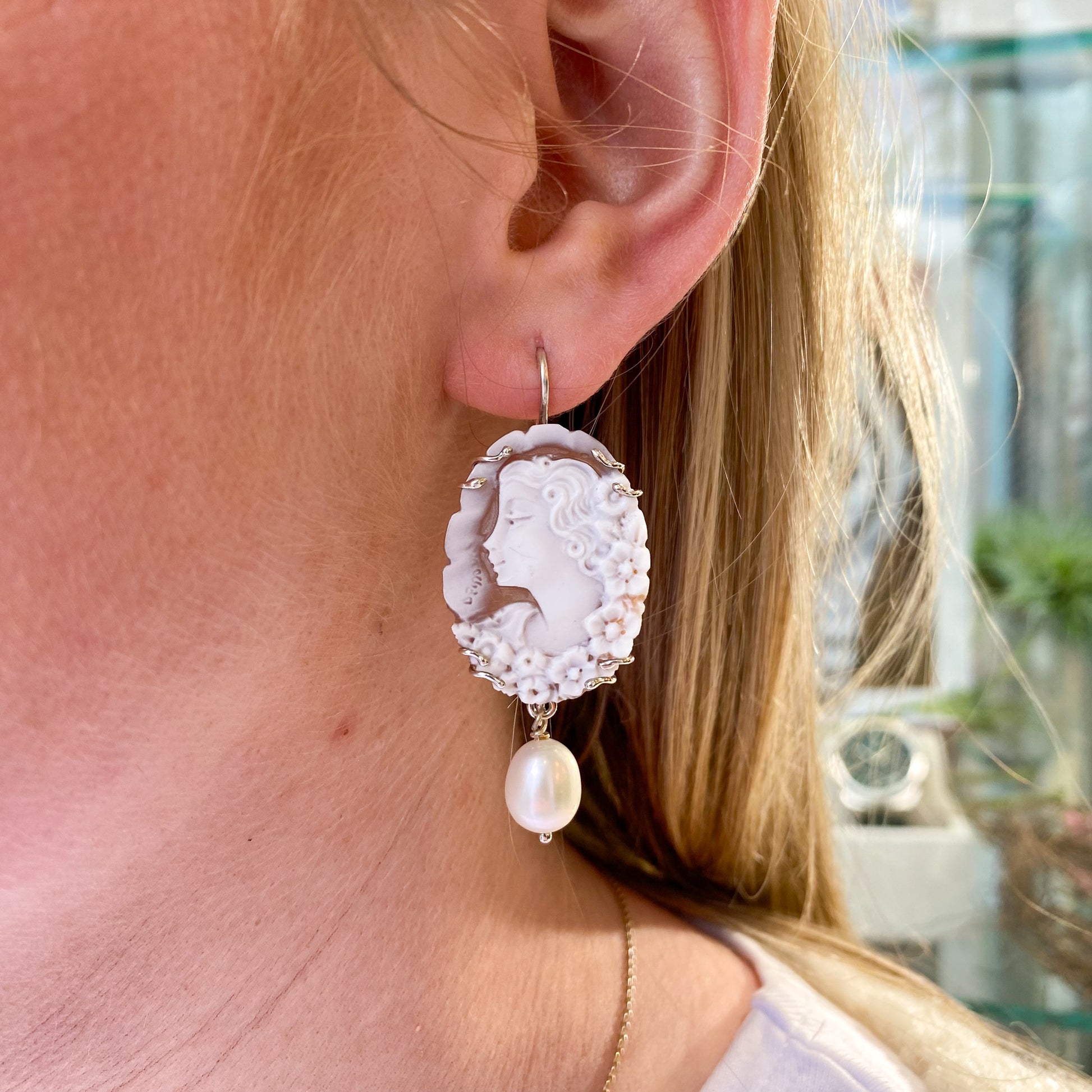 Cameo & Pearl Drop Earrings - Medium - John Ross Jewellers