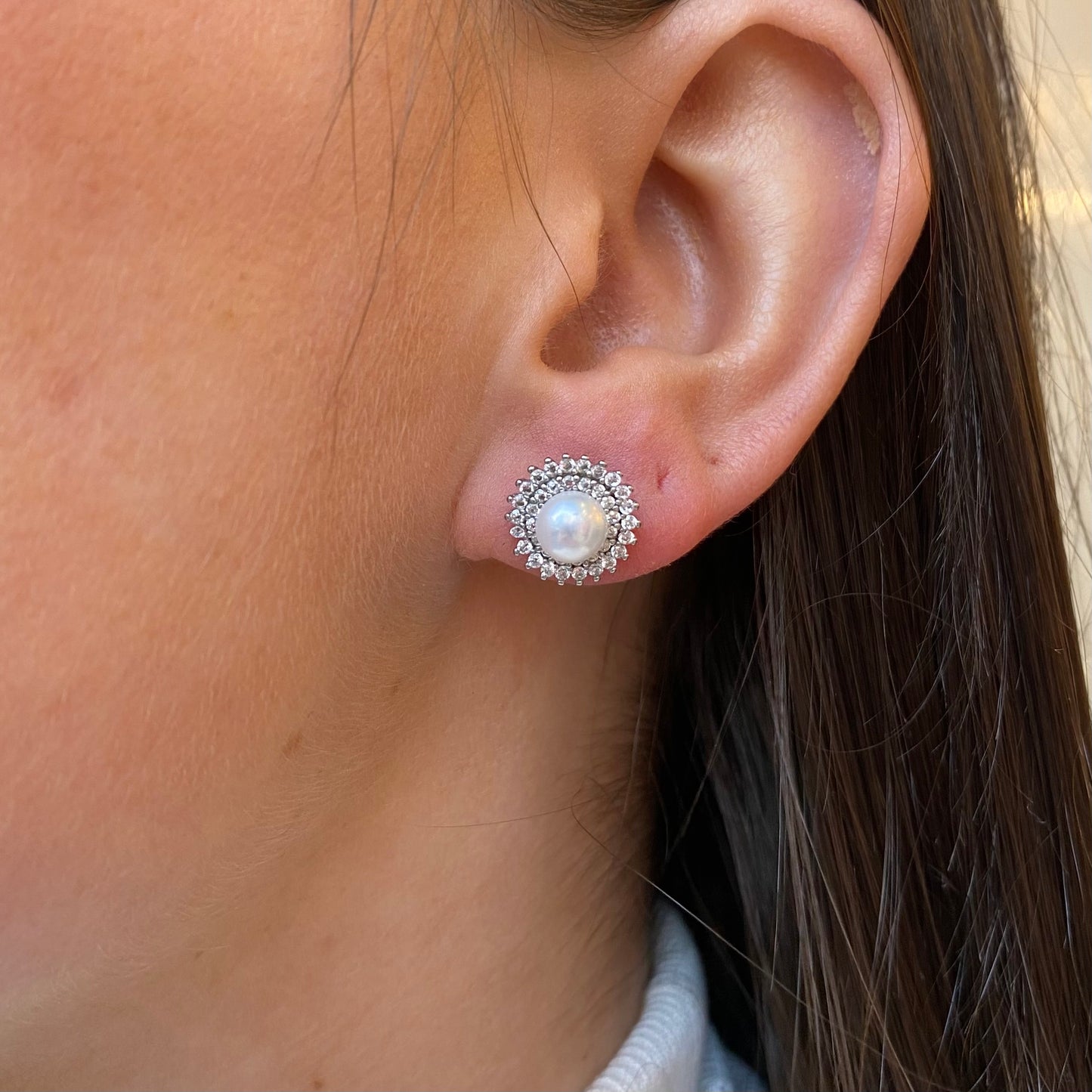 Silver Double Halo CZ Freshwater Pearl Stud Earrings