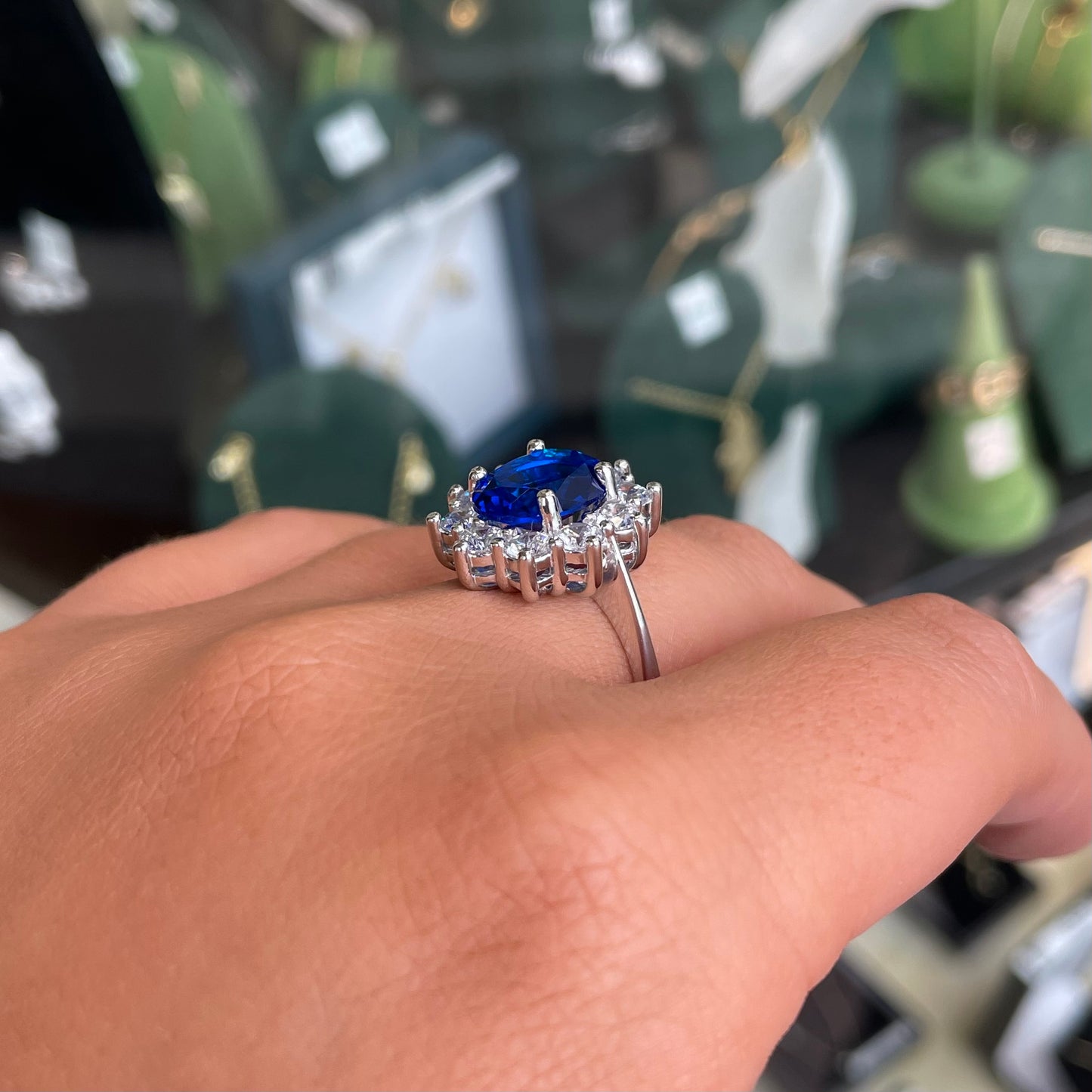 Silver CZ Diana Cluster Ring | Sapphire Blue