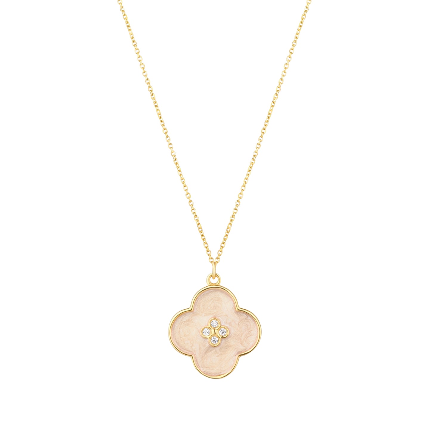 9ct Gold Creamy Enamel & CZ Quatrefoil Necklace - John Ross Jewellers
