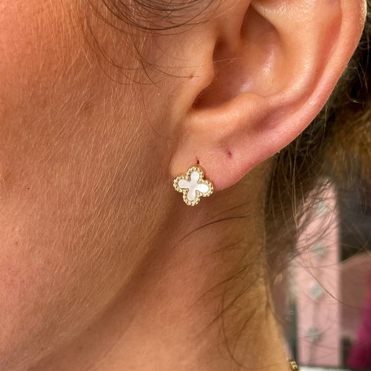 Mark Milton 9ct gold mother of pearl quatrefoil stud earrings featuring elegant, lightweight jewelry with a polished finish.