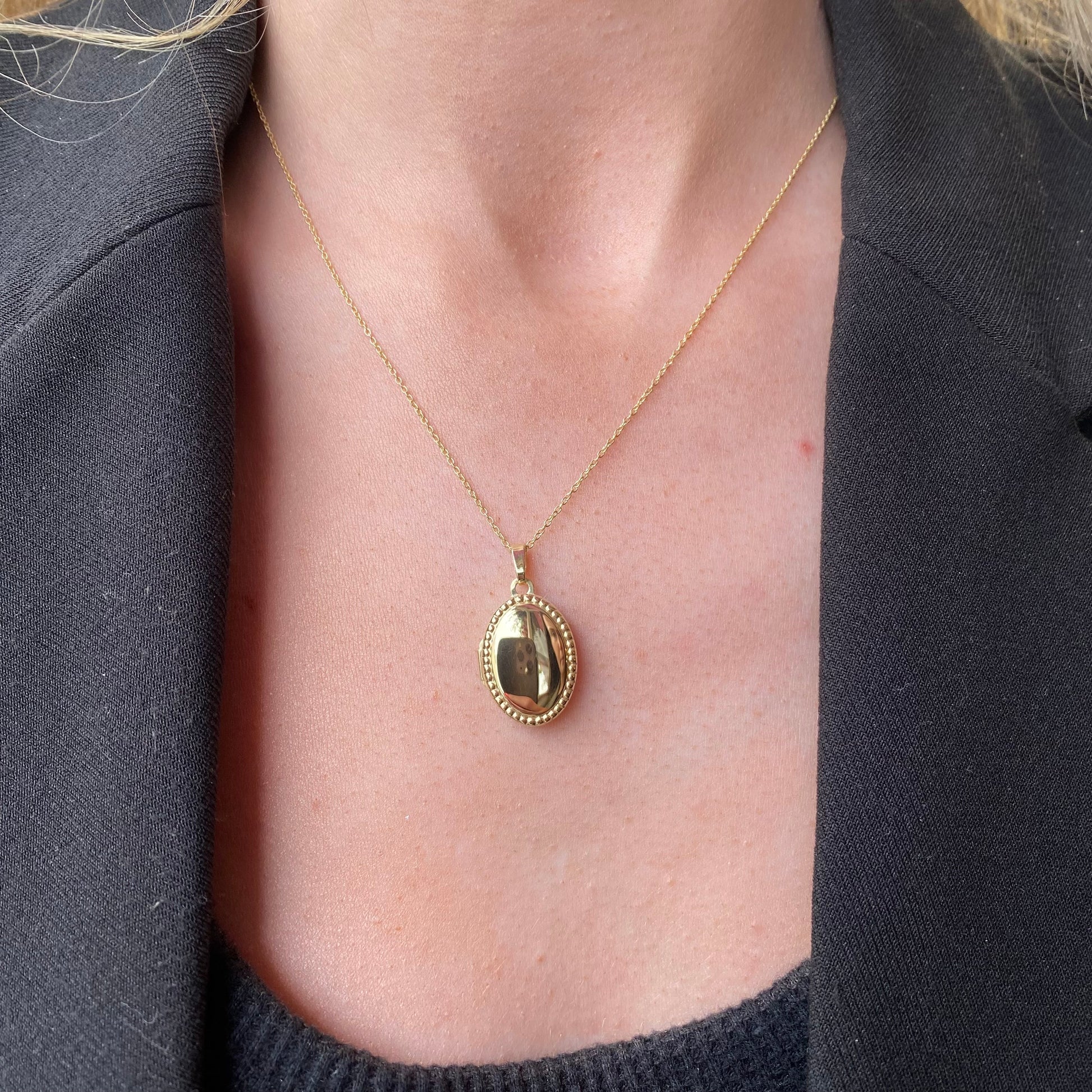 9ct Gold Beaded Oval Locket and Chain | Medium - John Ross Jewellers