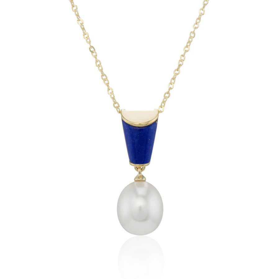 9ct Gold Lapis Lazuli & Pearl Geometric Necklace - John Ross Jewellers