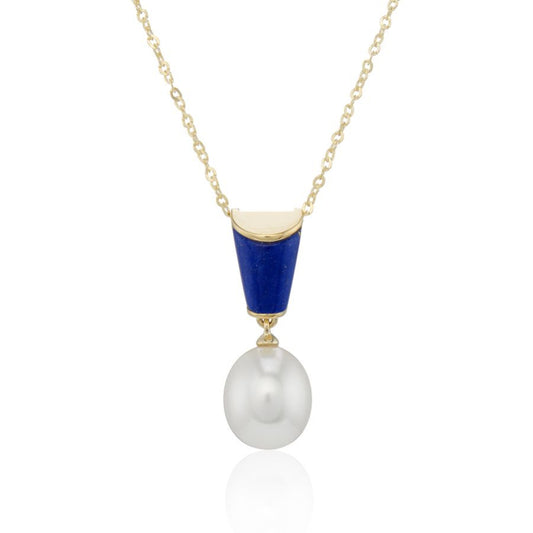 9ct Gold Lapis Lazuli & Pearl Geometric Necklace - John Ross Jewellers