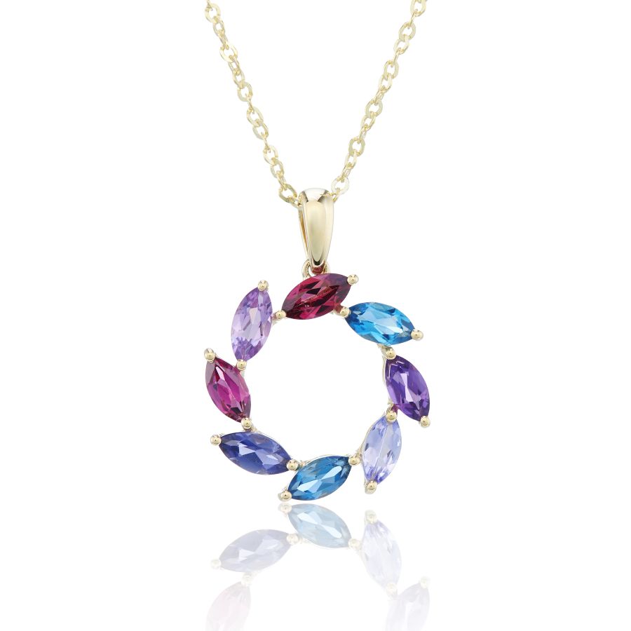 Gold multi-gemstone eternity necklace with sparkling gemstones in 9ct gold, featuring a delicate chain and vibrant colors.