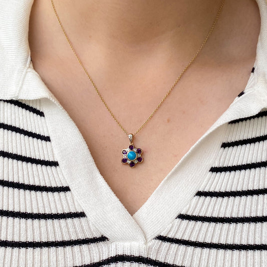 9ct Gold Turquoise, Amethyst & Diamond Pendant Necklace - John Ross Jewellers