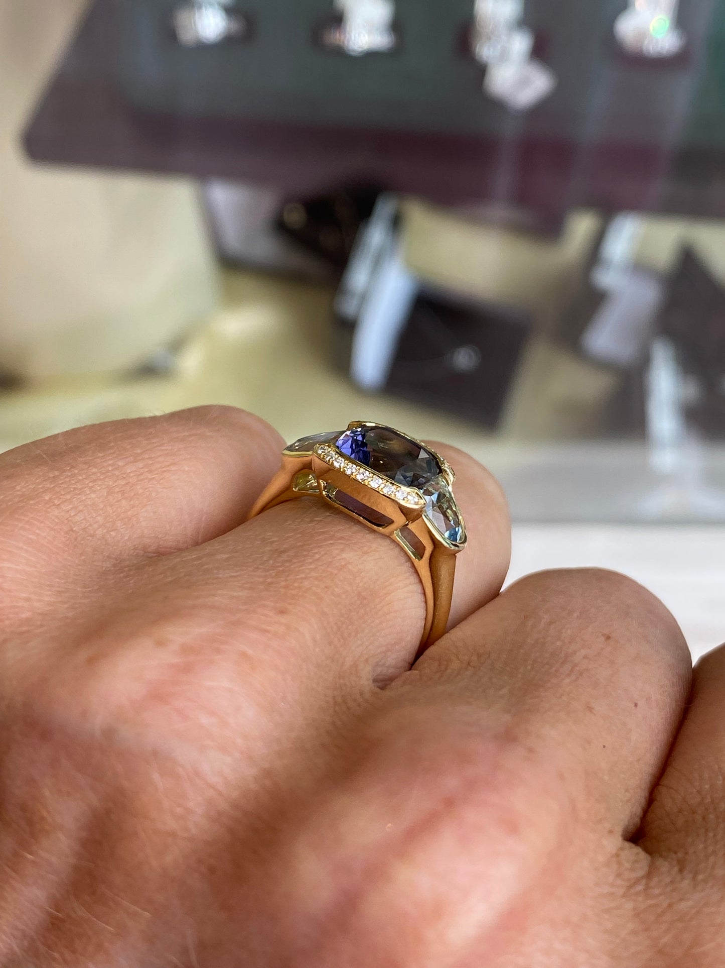 18ct Gold Iolite, Aquamarine & Diamond Ring