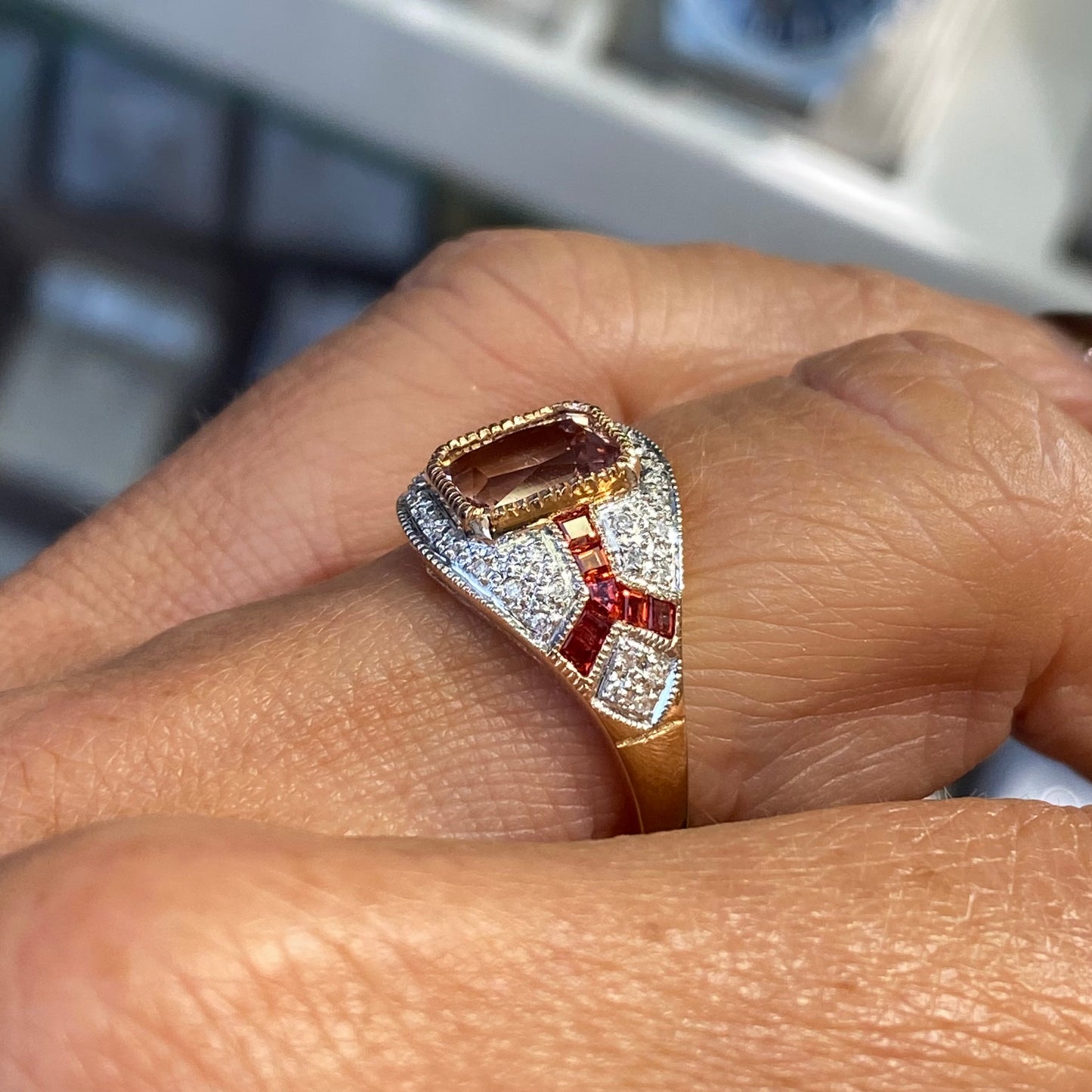 9ct Rose Gold Morganite, Orange Sapphire & Diamond Ring - John Ross Jewellers