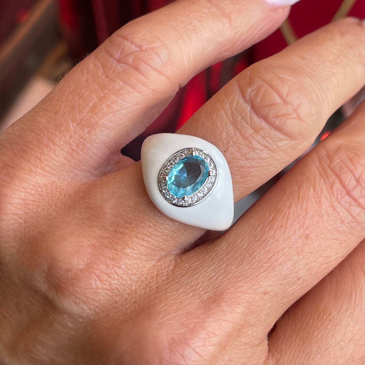 Silver Sky Blue CZ & White Enamel Ring