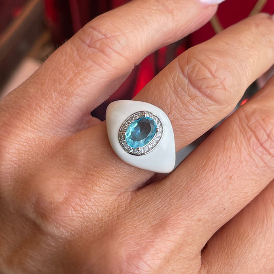 Silver Sky Blue CZ & White Enamel Ring