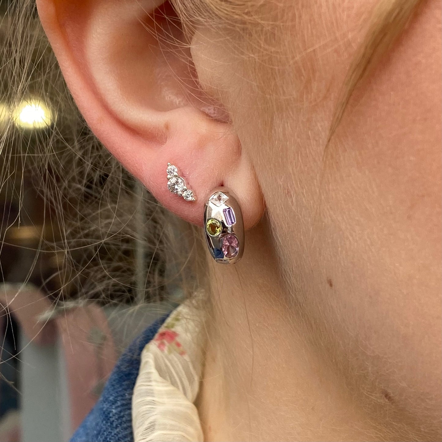 Silver Multicolour CZ Studded J Hoop Earrings