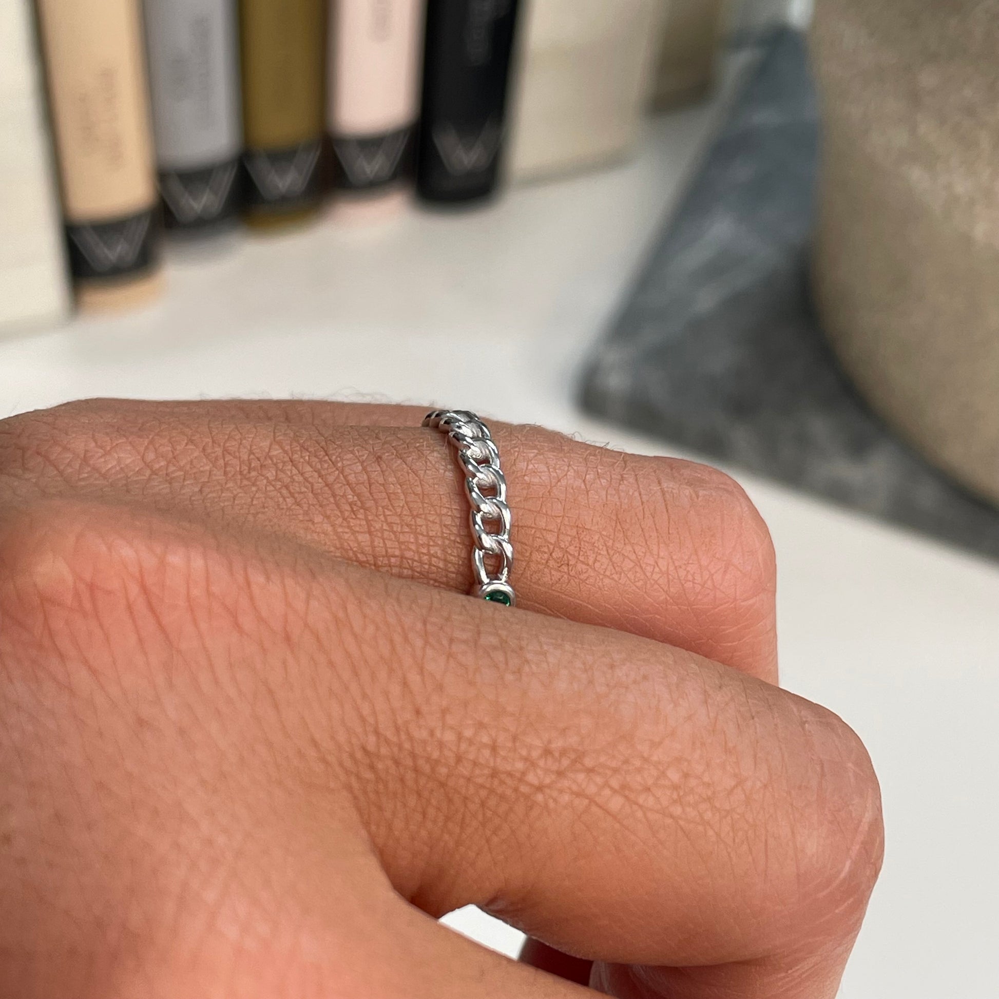 Silver Minimal Green CZ Chain Ring - John Ross Jewellers
