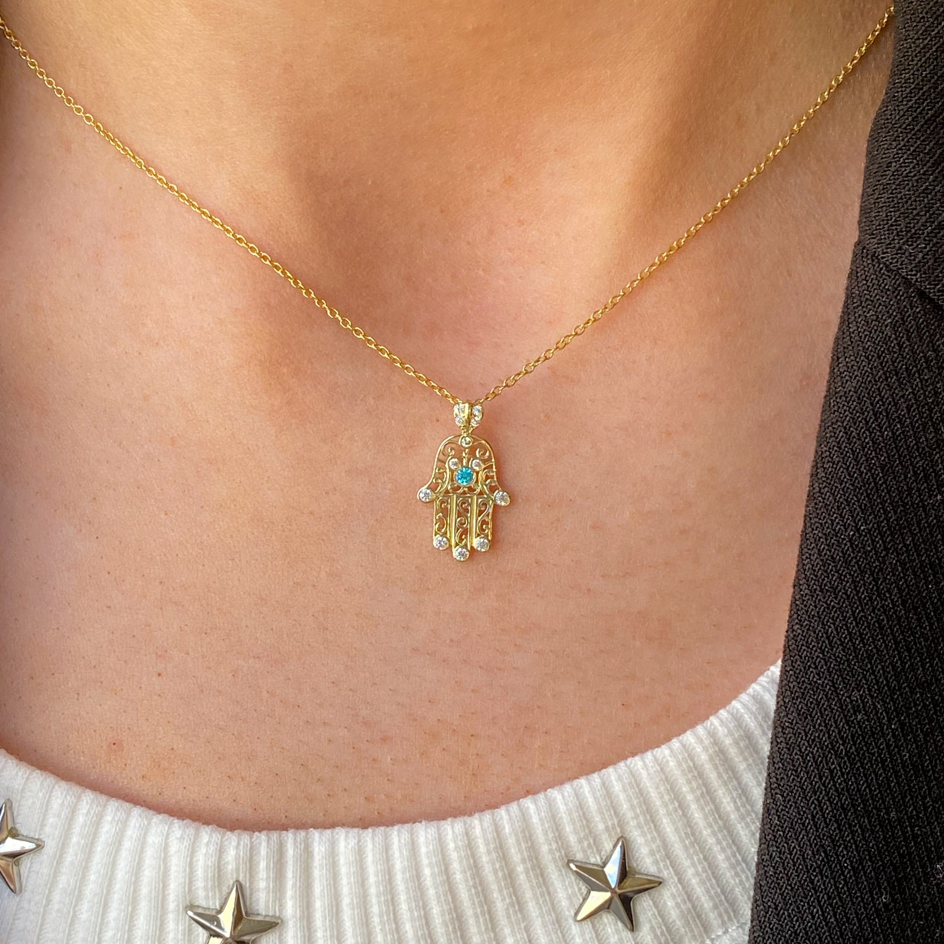 9ct Gold CZ Hand of Hamsa Pendant Necklace - John Ross Jewellers