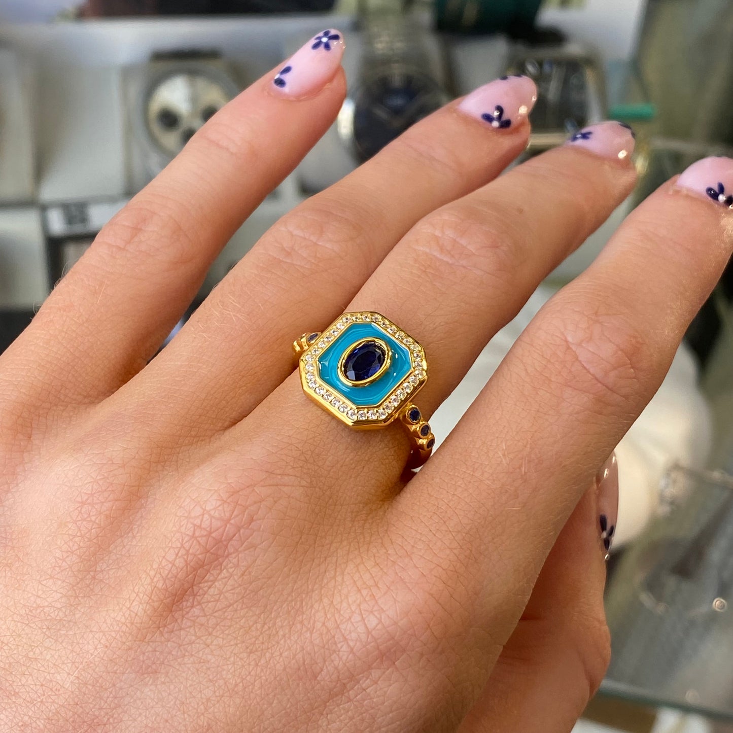 Sunshine Enamel Sensation Ring | Teal & Sapphire - John Ross Jewellers