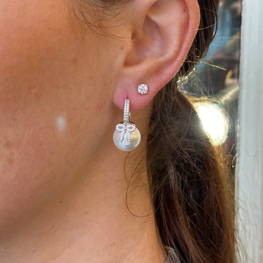 Silver Pearl & CZ Bow  Hoop Drop Earrings - John Ross Jewellers