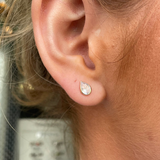 9ct Gold Pear CZ Rubover Stud Earrings