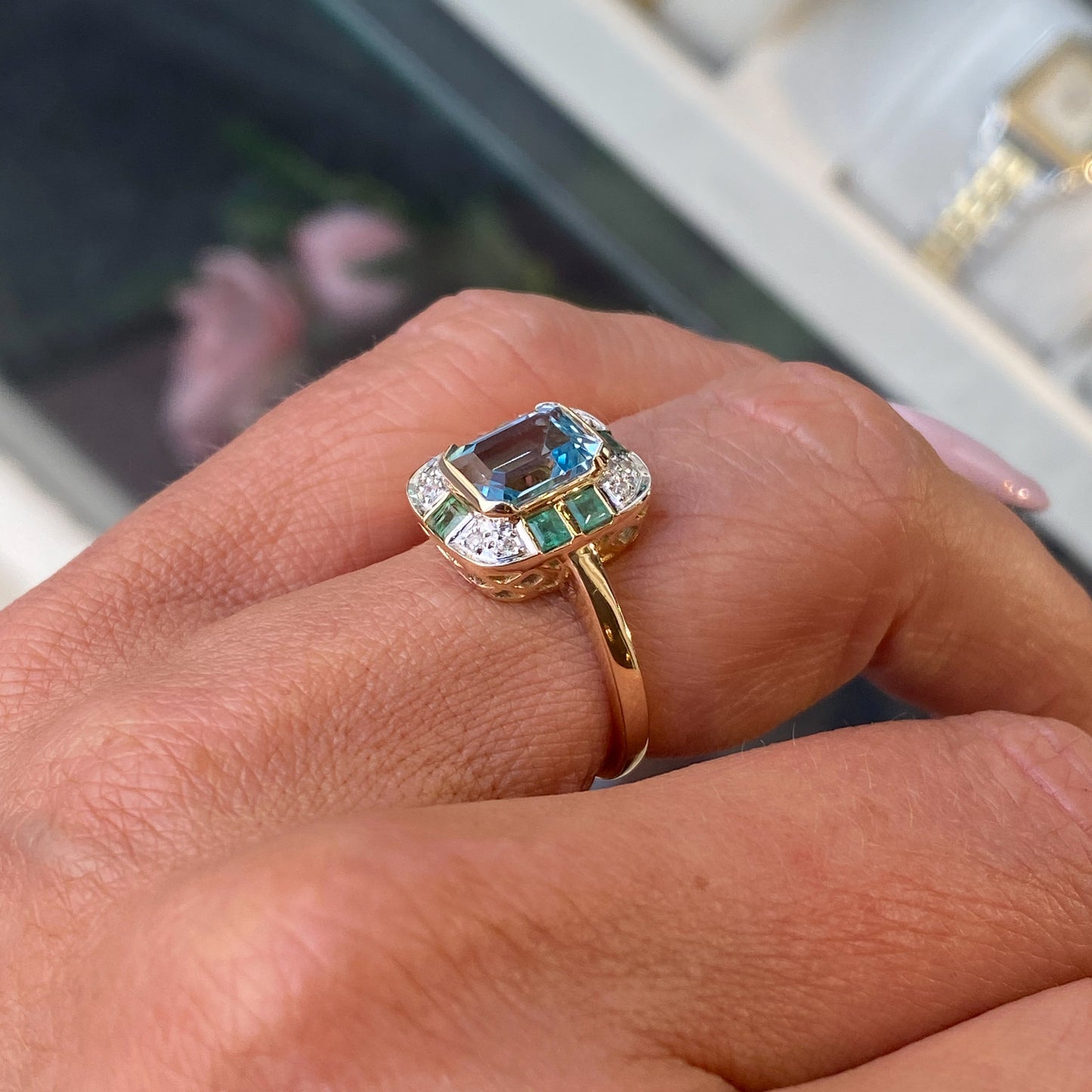 9ct Gold Blue Topaz, Emerald & Diamond Ring - John Ross Jewellers