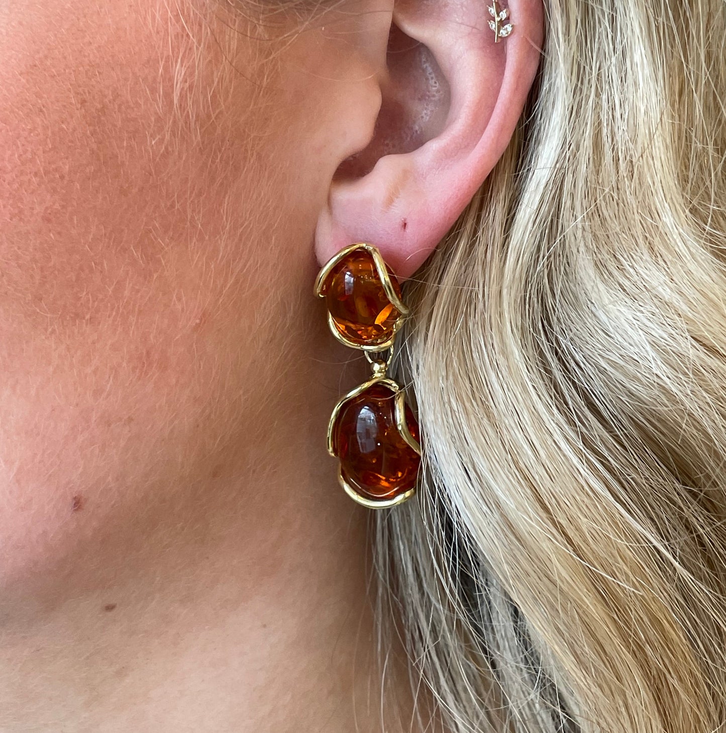 Bruno Baroque Amber Drop Earrings with 48mm length and 17mm width, featuring intricate amber-colored design and elegant dangle style.