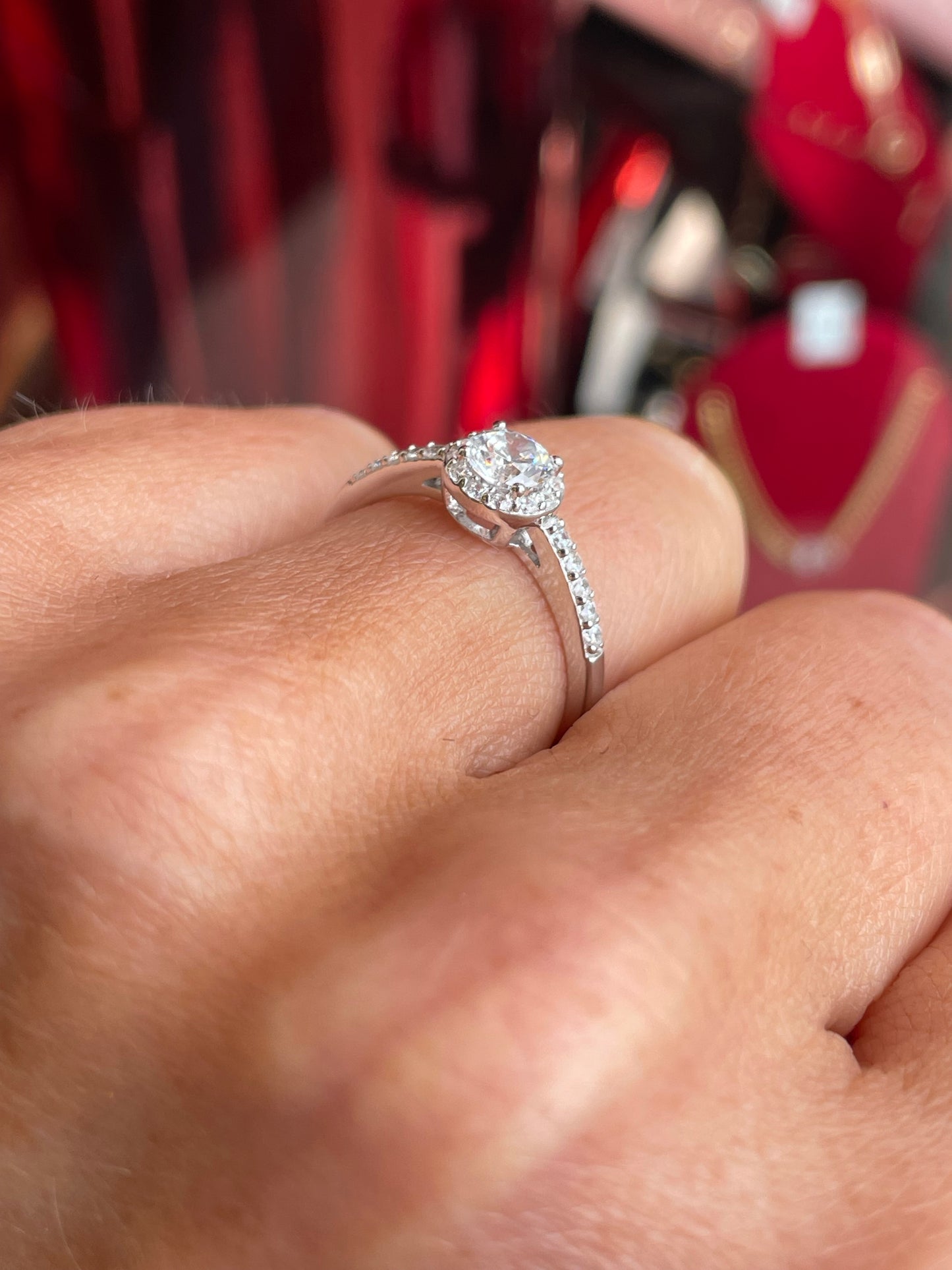Silver Pretty CZ Halo Solitaire Ring