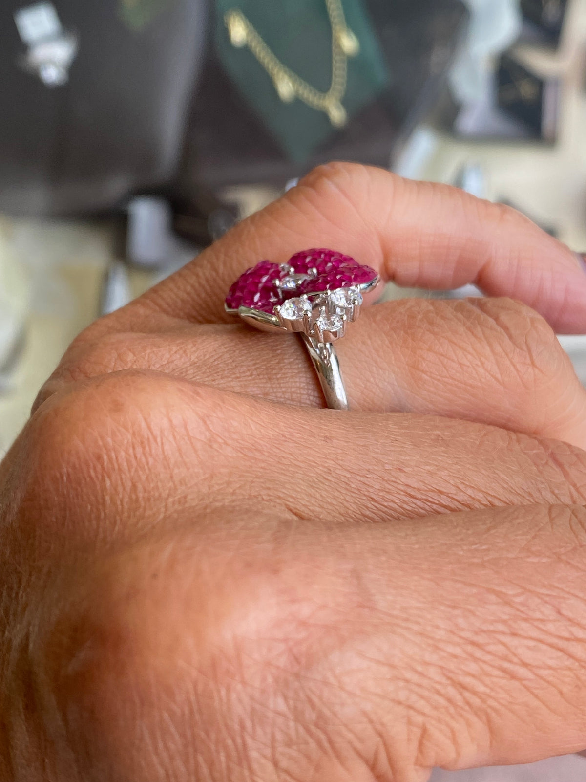 Silver Pretty Poppy Ring | Ruby Red