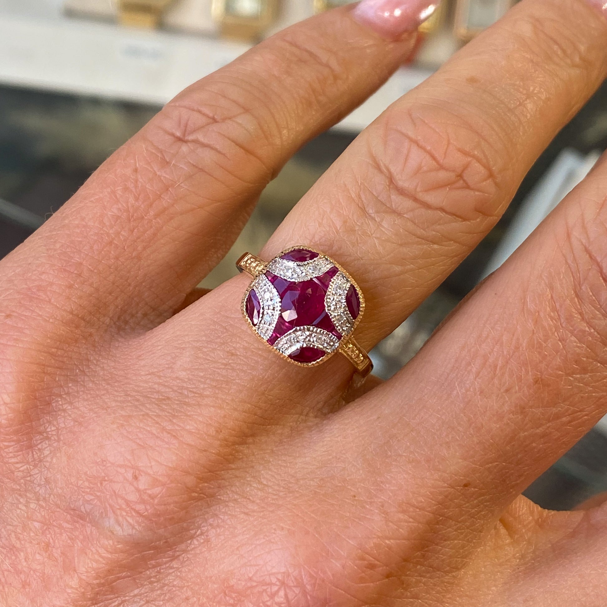 9ct gold ruby and diamond ring Clearance