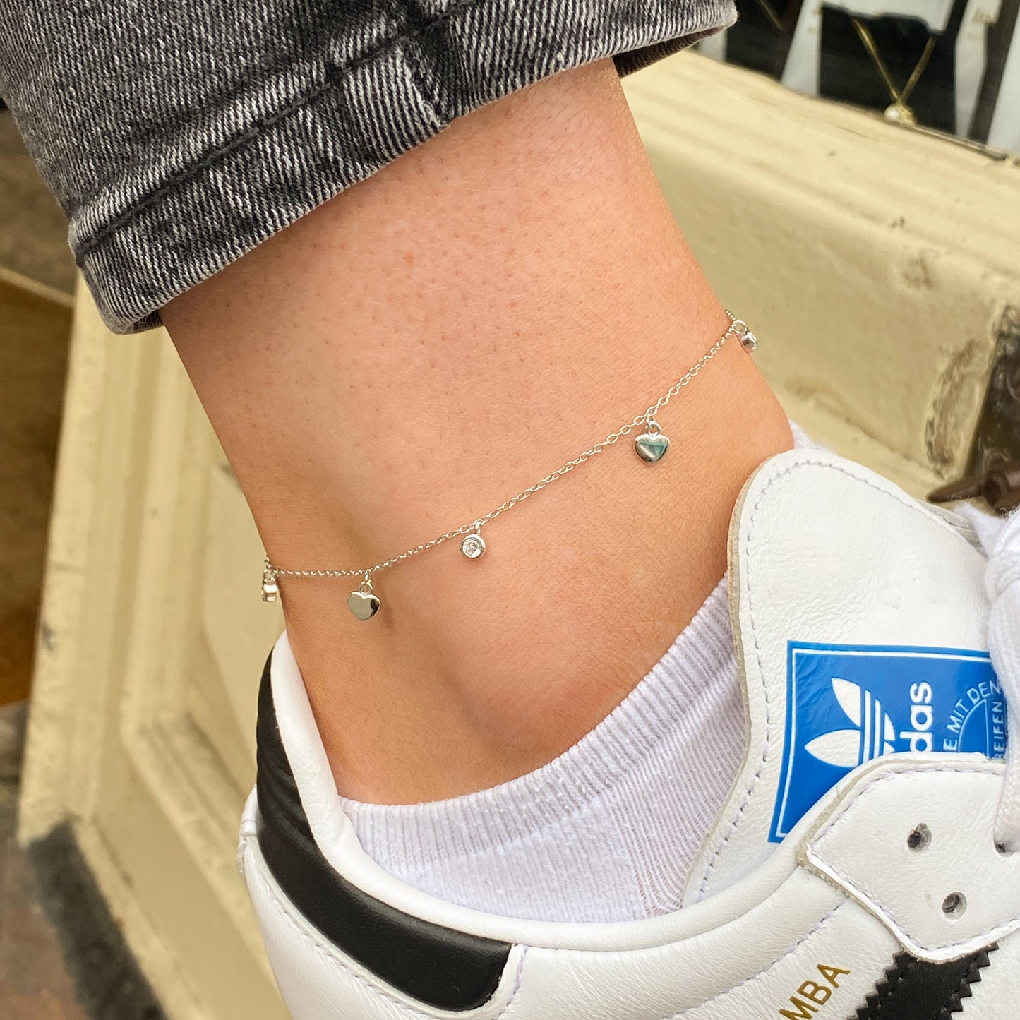 Silver Anklet - CZs & Heart Discs | 25cm - John Ross Jewellers