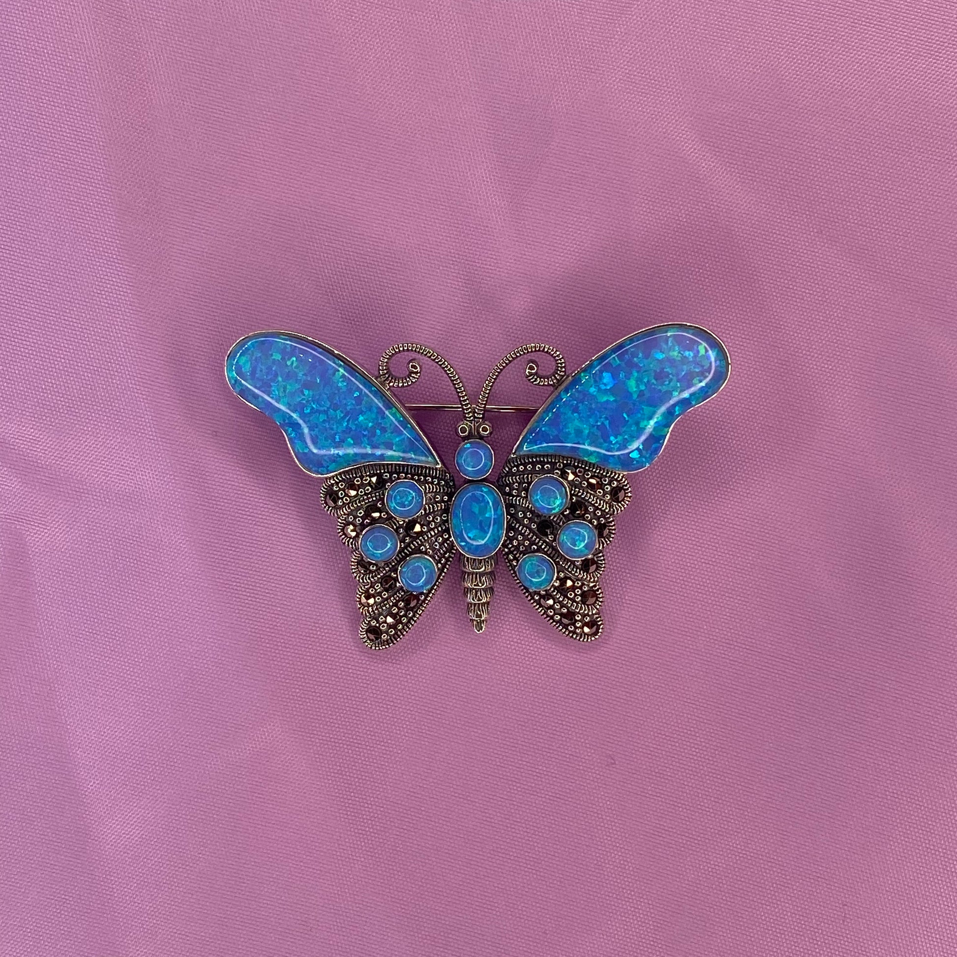 Silver Marcasite & Blue Opalique Butterfly Brooch - John Ross Jewellers