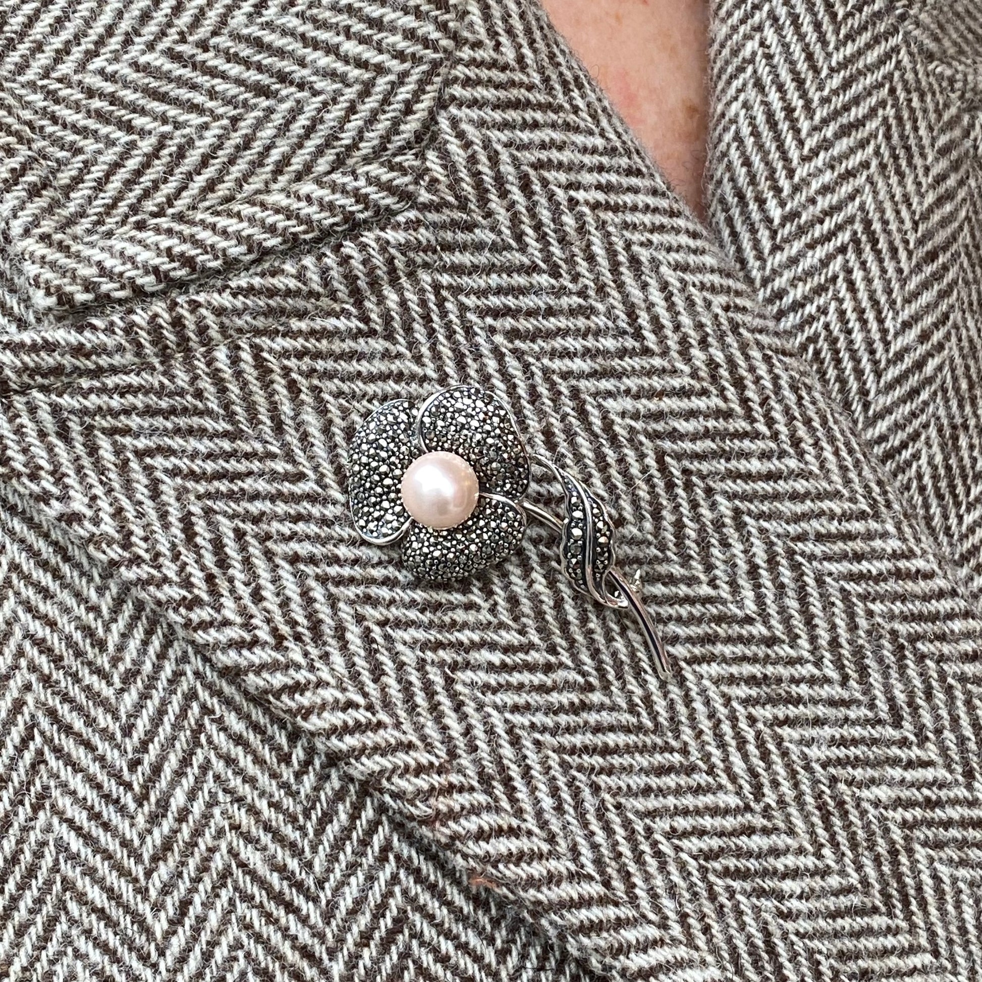 Silver Marcasite & Pearl Flower Brooch - John Ross Jewellers