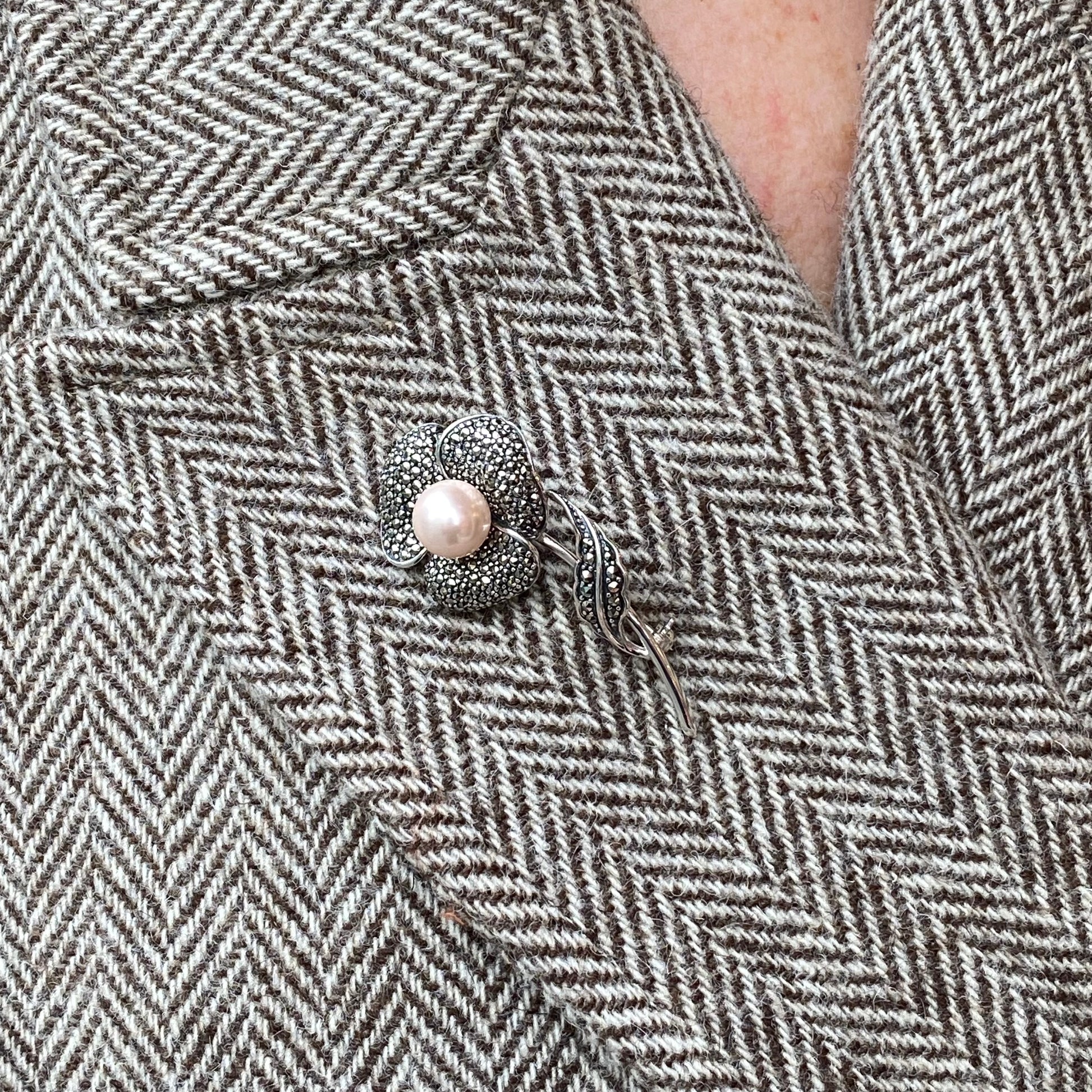 Silver Marcasite & Pearl Flower Brooch - John Ross Jewellers