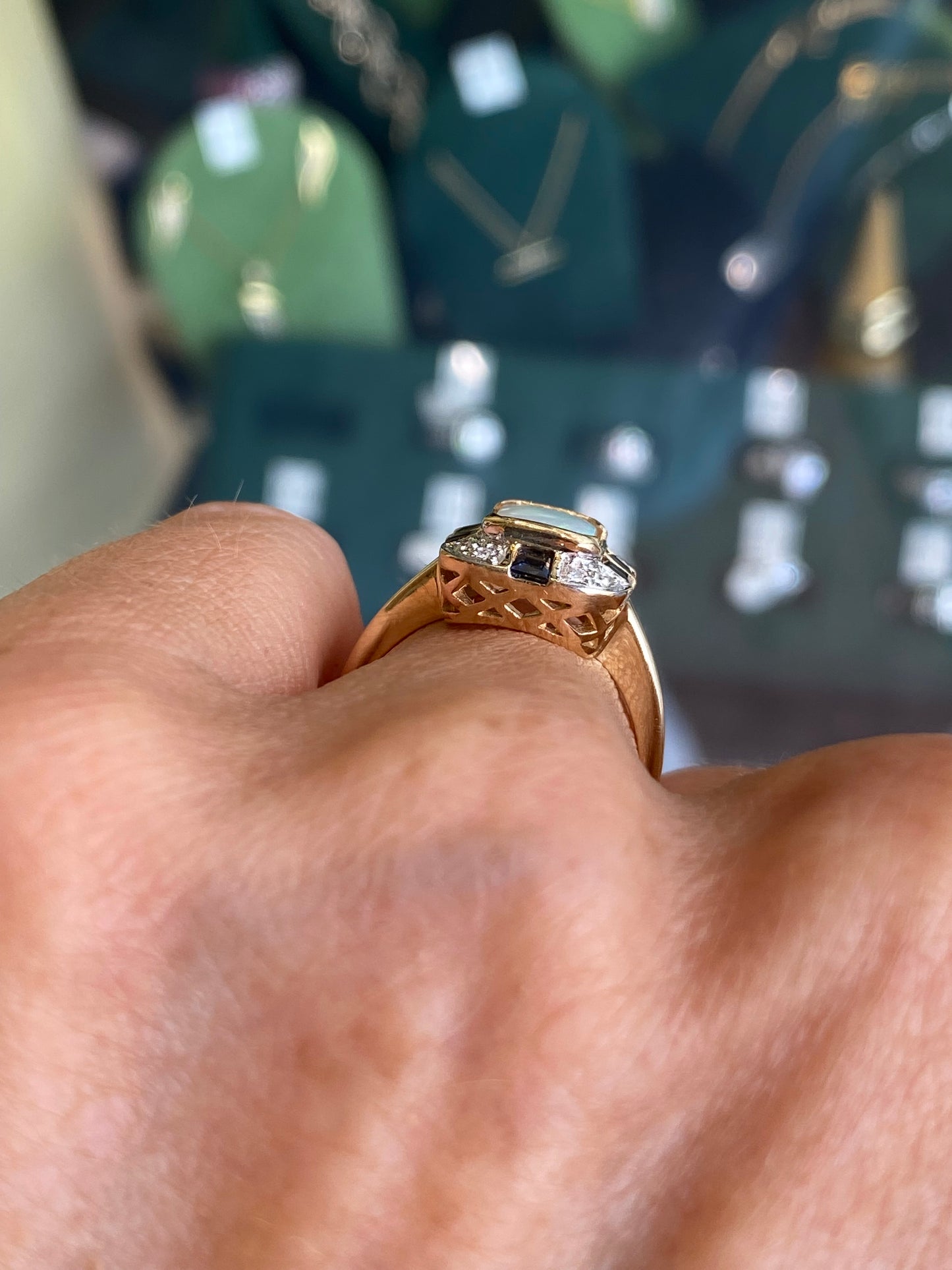 9ct Gold Gem Opal, Sapphire & Diamond Ring