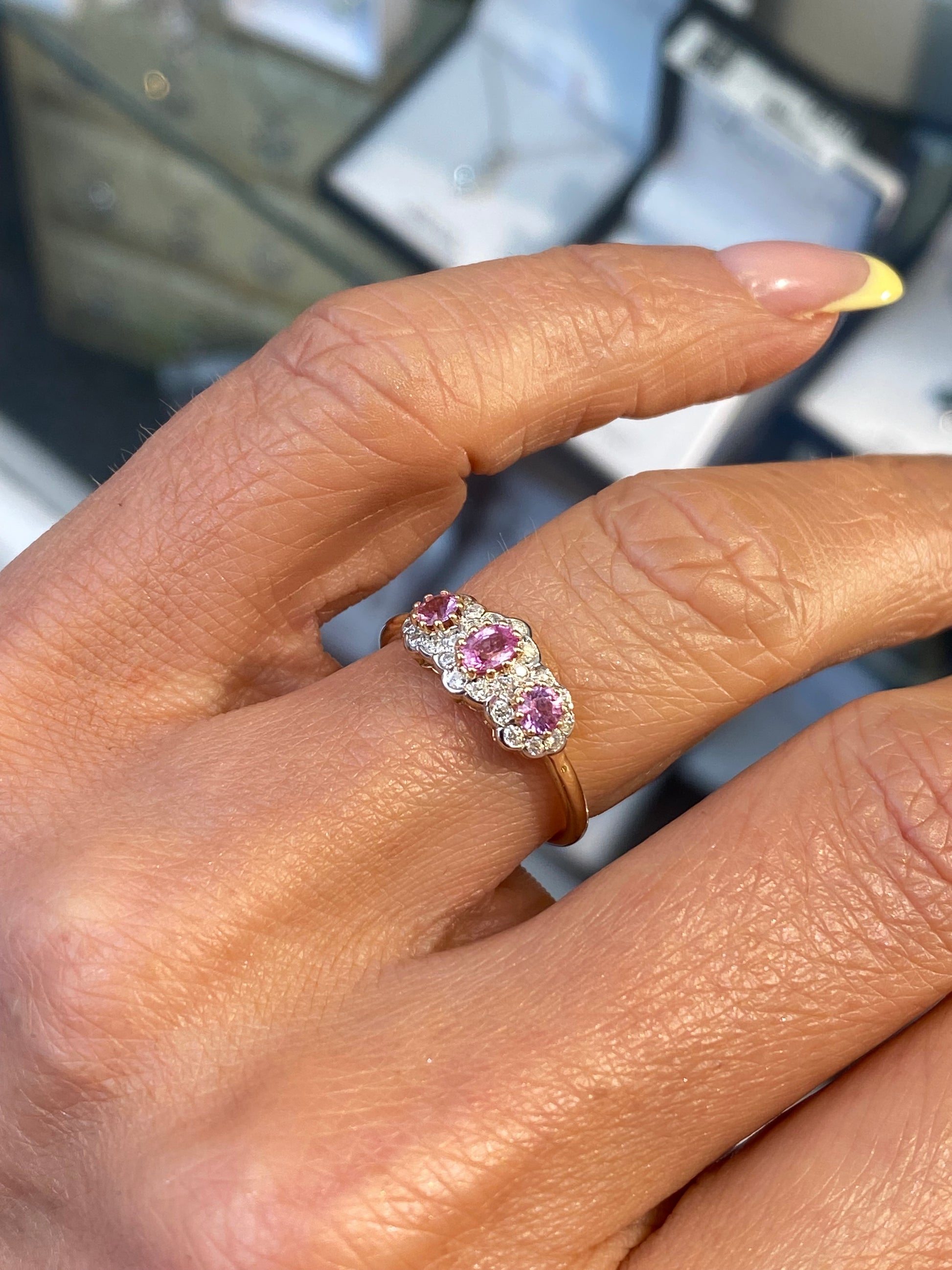 9ct Gold Pink Sapphire Diamond Trilogy Ring John Ross Jewellers