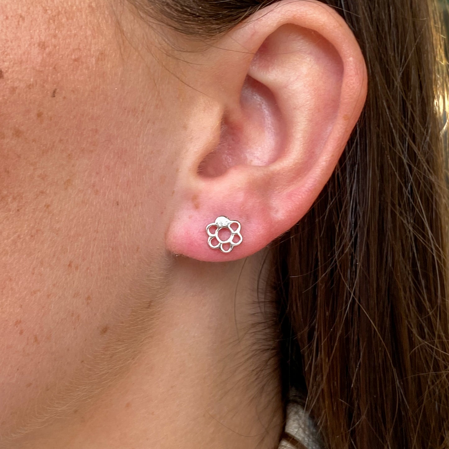 Silver CZ Single Stone Flower Stud Earrings