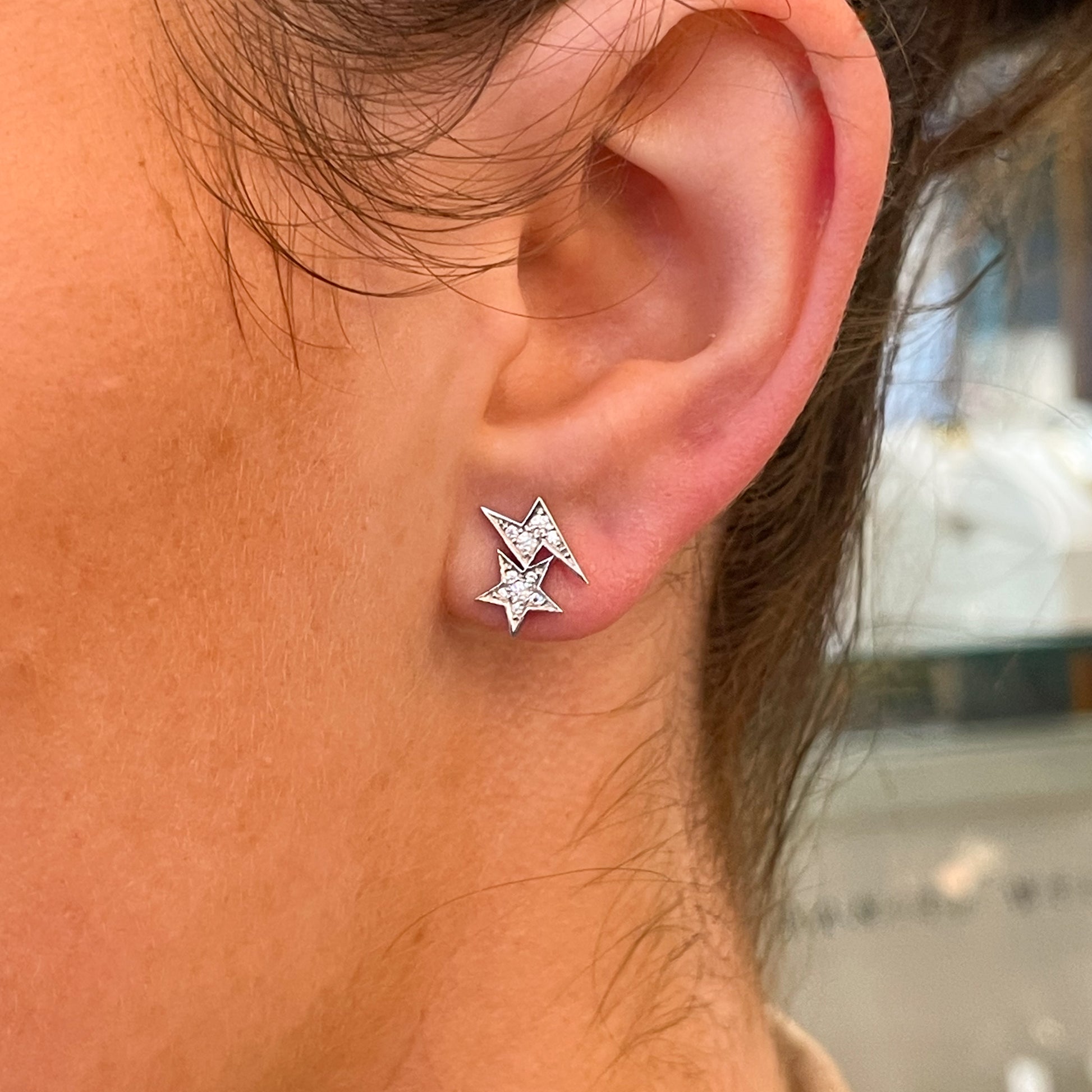 Silver CZ Lightning Star Stud Earrings - John Ross Jewellers