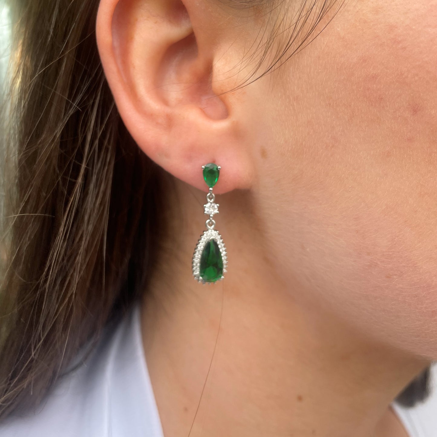 Silver CZ Pear Halo Earring & Necklace Set | Emerald Green