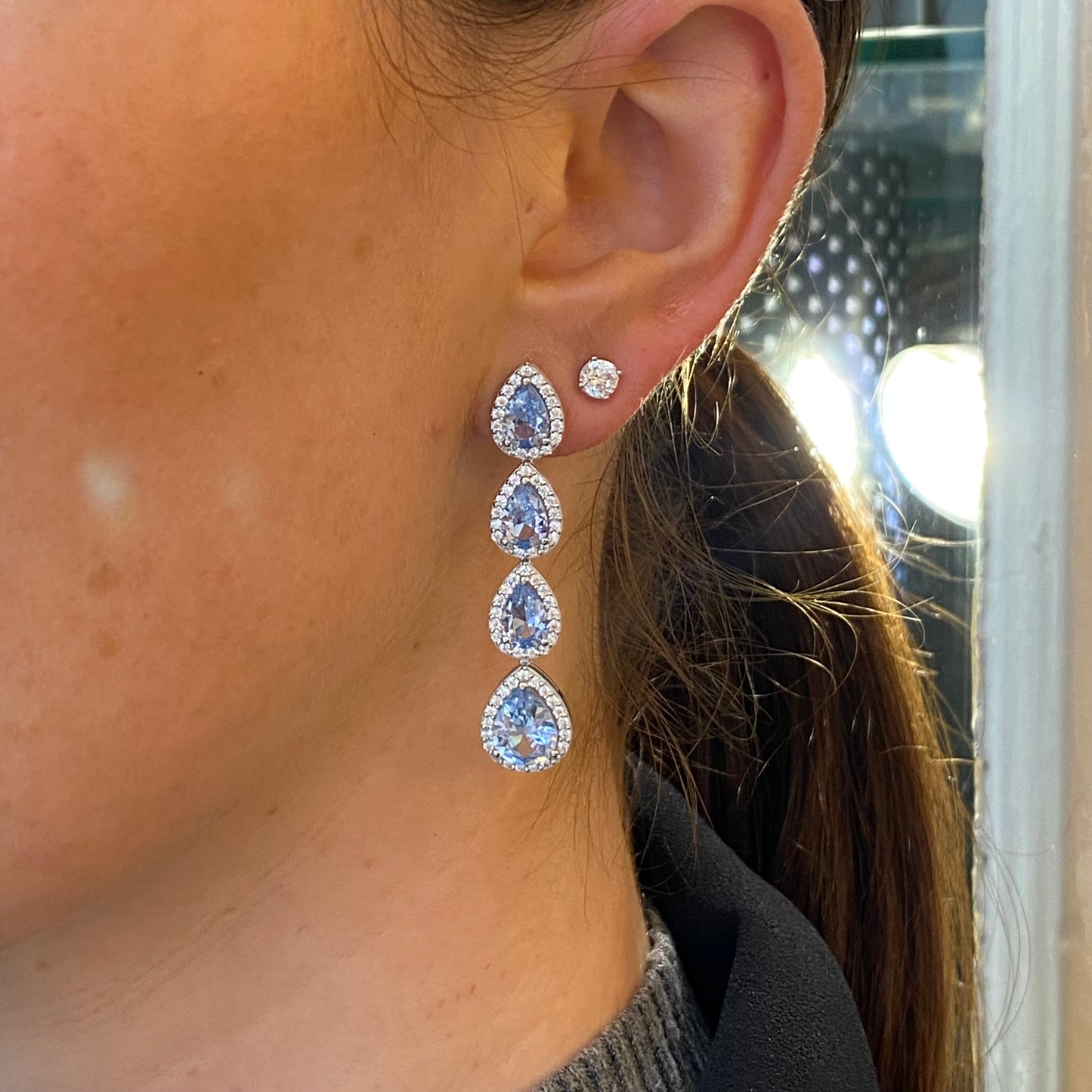 Silver Aqua Pear CZ Drop Earrings - John Ross Jewellers