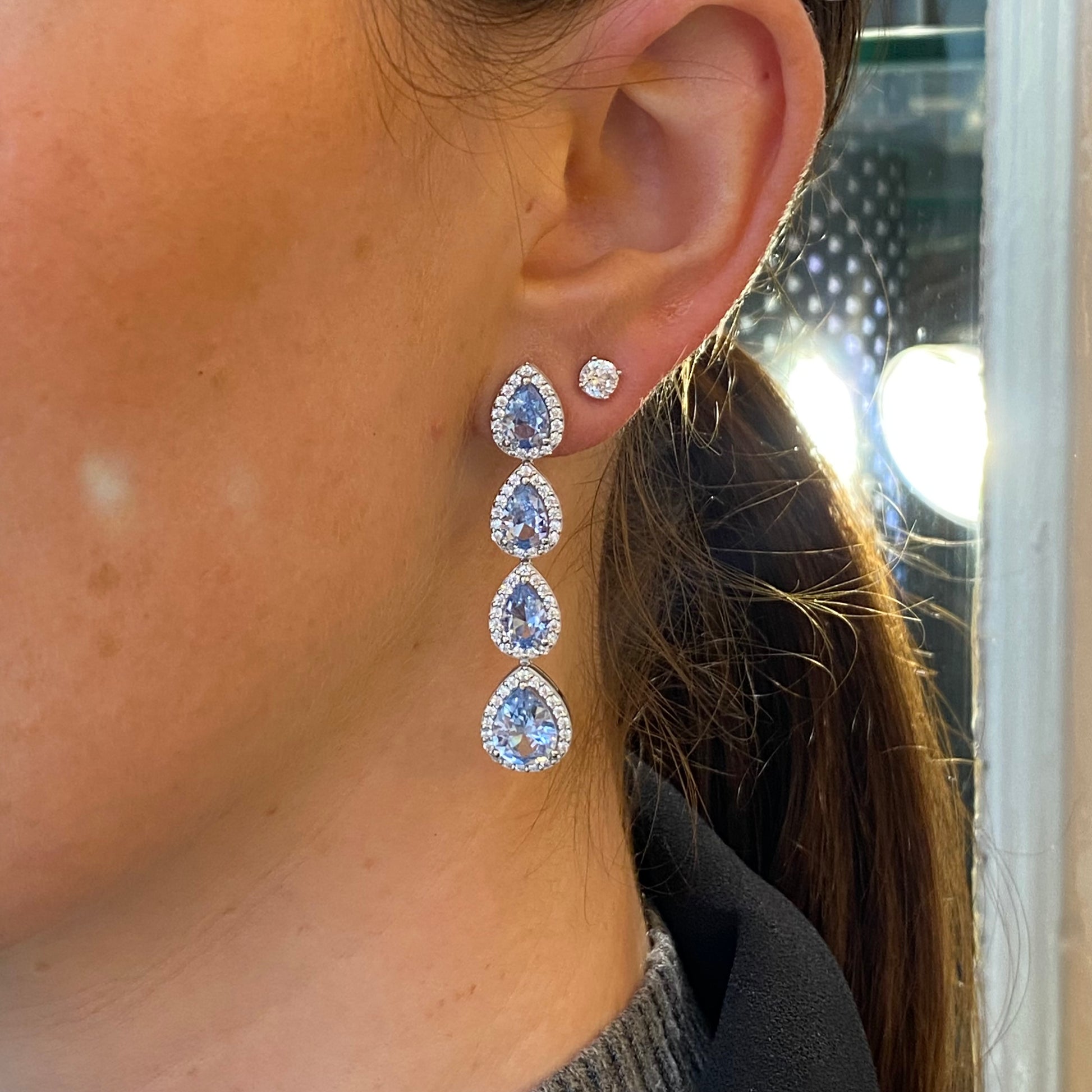 Silver Aqua Pear CZ Drop Earrings - John Ross Jewellers