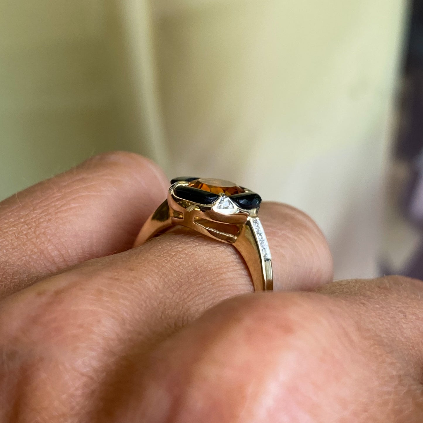 9ct Yellow Gold Citrine, Onyx & Diamond Ring