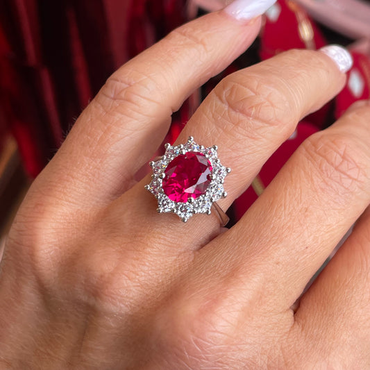 Silver Ruby Red Oval Statement Ring