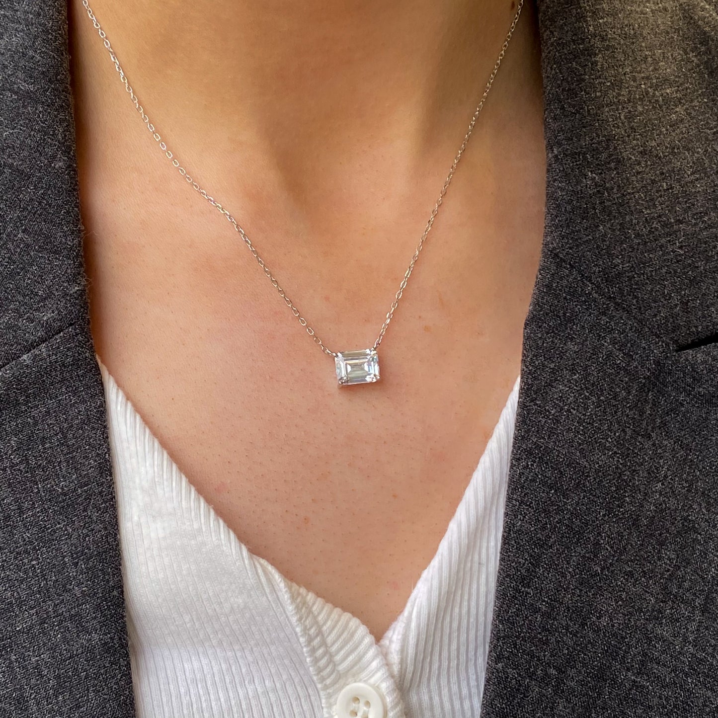 Silver Emerald Cut CZ Necklace - John Ross Jewellers