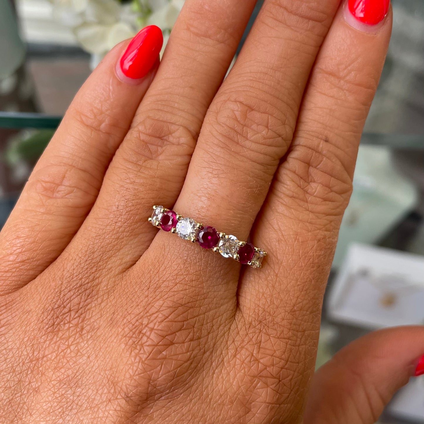 9ct Gold Red & White CZ Seven Stone Eternity Ring