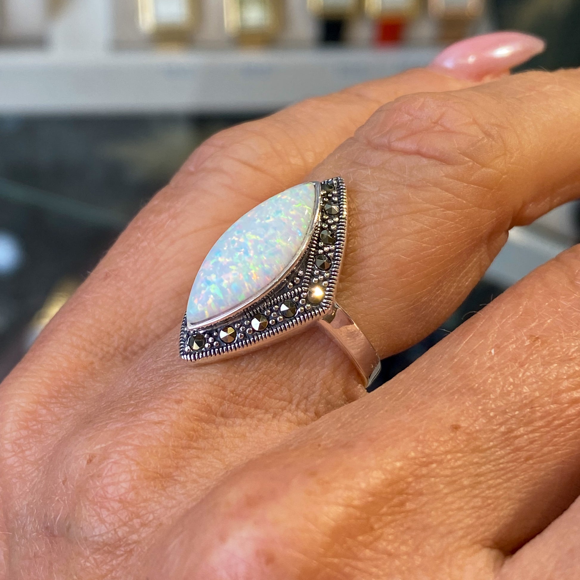 Silver Marcasite & White Opalique Marquise Ring - John Ross Jewellers