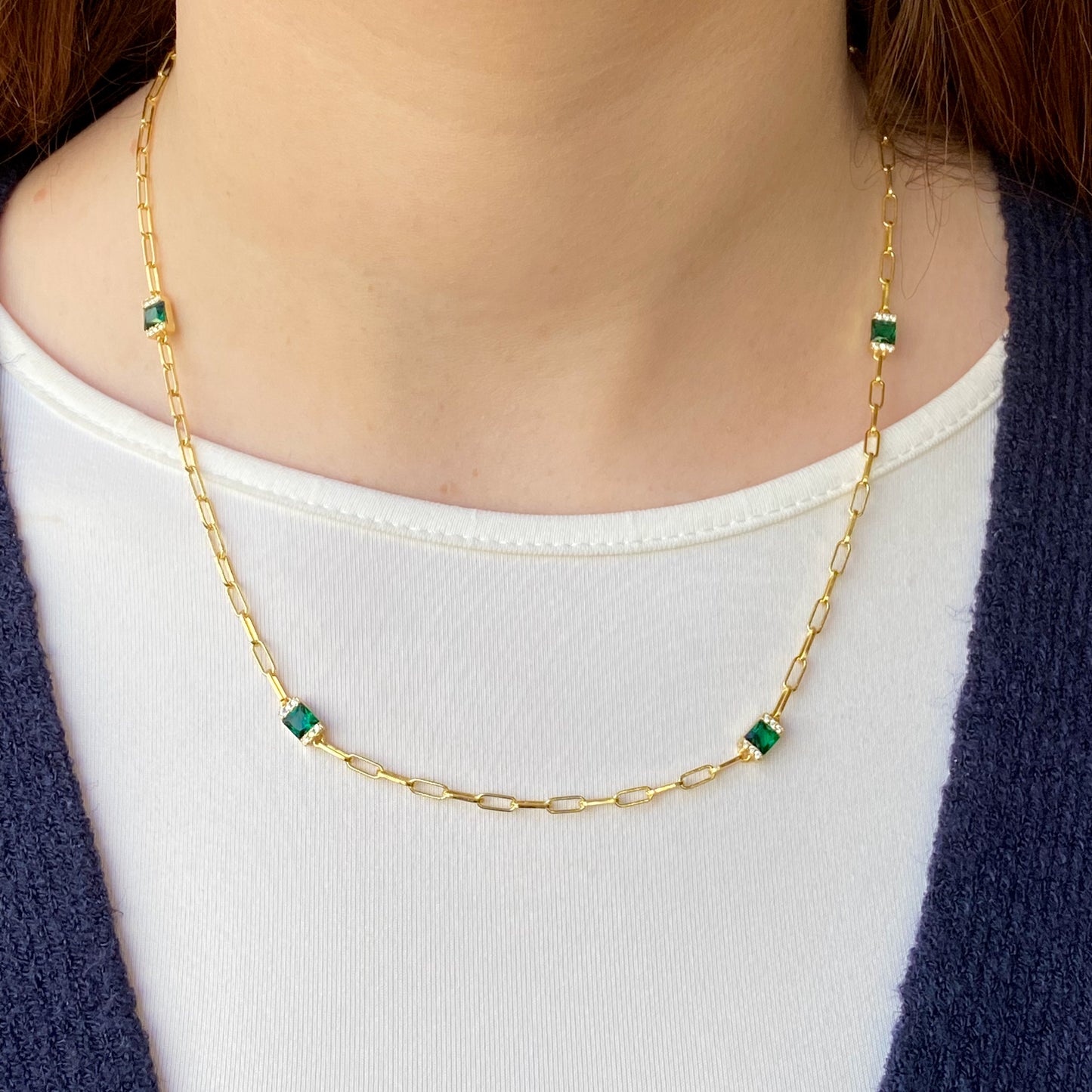 Sunshine Green & White CZ Paperlink Necklace | 42+5cm - John Ross Jewellers