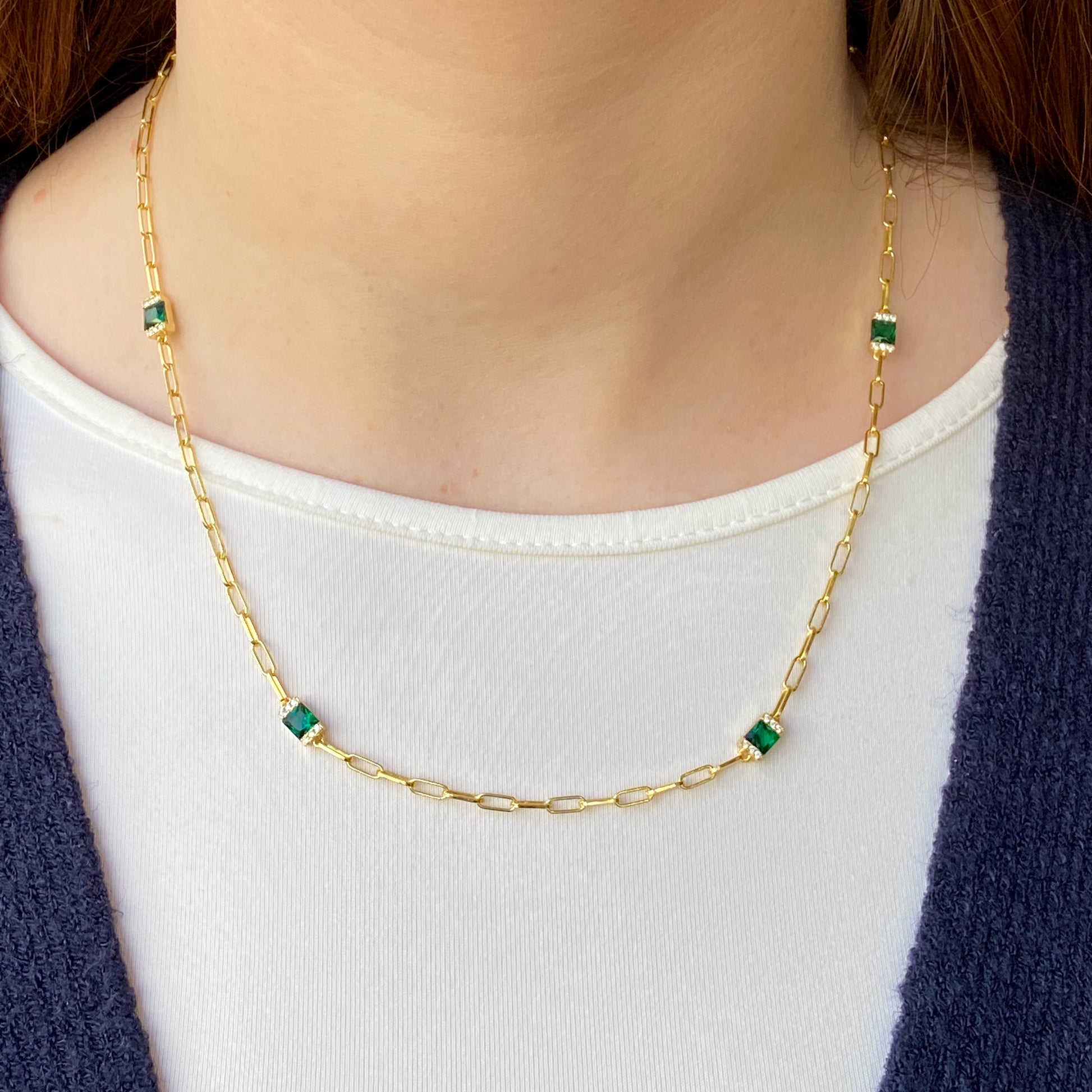 Sunshine Green & White CZ Paperlink Necklace | 42+5cm - John Ross Jewellers
