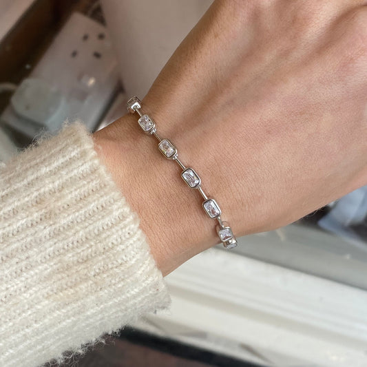 Silver Emerald Cut CZ Tennis Bracelet | 17+3cm - John Ross Jewellers