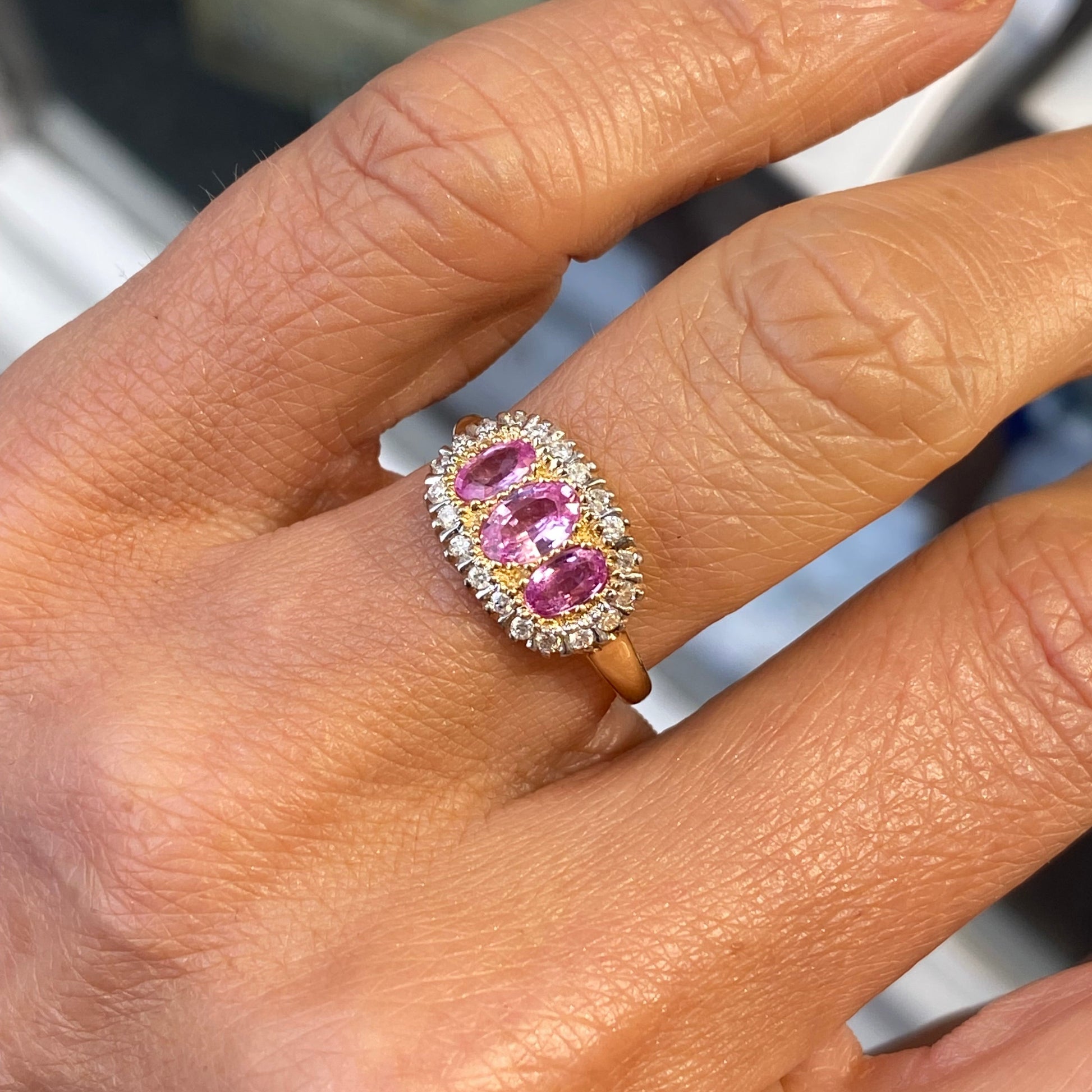 9ct Gold Pink Sapphire & Diamond Trilogy Ring - John Ross Jewellers