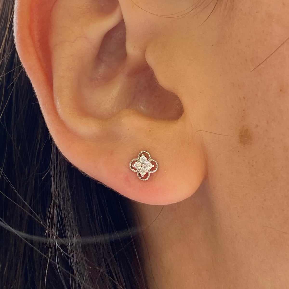Silver CZ Dainty Quatrefoil Stud Earrings